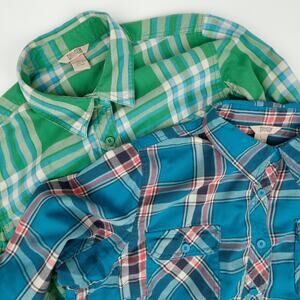 Pair of Duluth Womens Large Button Down Plaid Flannel Shirts Blue Green Vented